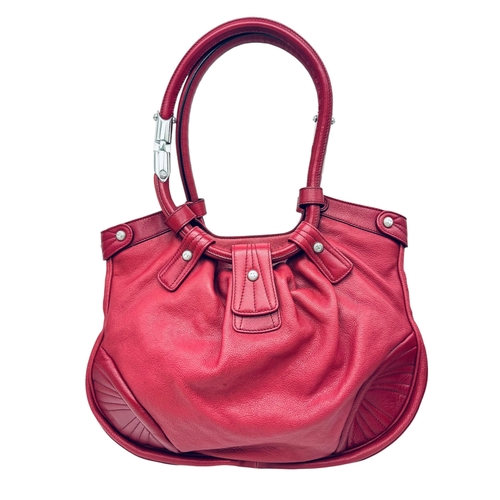 326 - A Salvatore Ferragamo Red Leather Handbag. Saddle form silver tone hardware. Purple textile interior... 