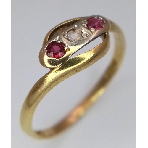 348 - A 18K YELLOW GOLD DIAMOND & RUBY RING. TOTAL WEIGHT 2G. SIZE N. Ref: SC 4079