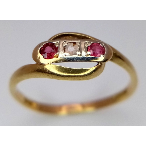 348 - A 18K YELLOW GOLD DIAMOND & RUBY RING. TOTAL WEIGHT 2G. SIZE N. Ref: SC 4079