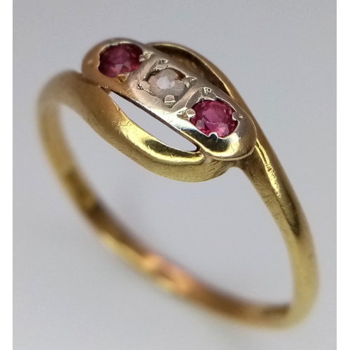 348 - A 18K YELLOW GOLD DIAMOND & RUBY RING. TOTAL WEIGHT 2G. SIZE N. Ref: SC 4079