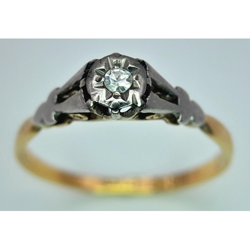 362 - A 18K YELLOW GOLD & PLATINUM VINTAGE DIAMOND SOLITAIRE RING. TOTAL WEIGHT 1.9G. SIZE O. Ref: SC 4084