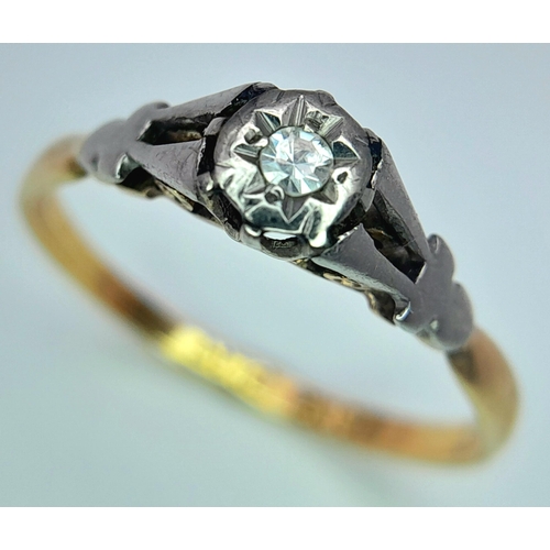 362 - A 18K YELLOW GOLD & PLATINUM VINTAGE DIAMOND SOLITAIRE RING. TOTAL WEIGHT 1.9G. SIZE O. Ref: SC 4084