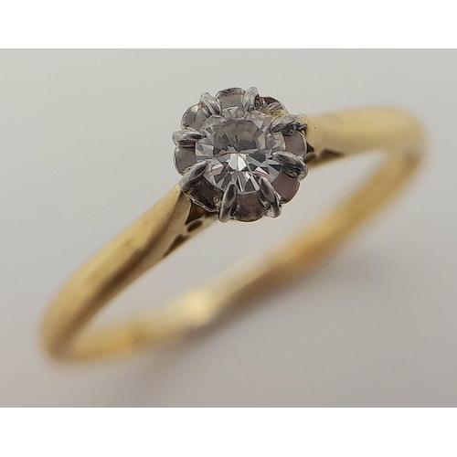 383 - A 18K YELLOW GOLD & PLATINUM DIAMOND SOLITAIRE RING. 0.15CT. TOTAL WEIGHT 1.95G. SIZE N AND 3/4. Ref... 