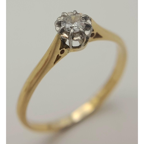 383 - A 18K YELLOW GOLD & PLATINUM DIAMOND SOLITAIRE RING. 0.15CT. TOTAL WEIGHT 1.95G. SIZE N AND 3/4. Ref... 