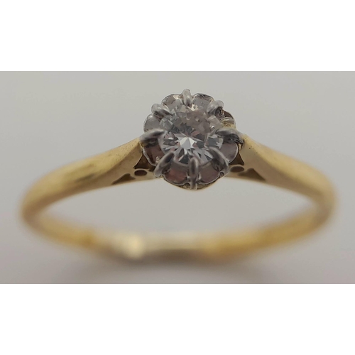 383 - A 18K YELLOW GOLD & PLATINUM DIAMOND SOLITAIRE RING. 0.15CT. TOTAL WEIGHT 1.95G. SIZE N AND 3/4. Ref... 