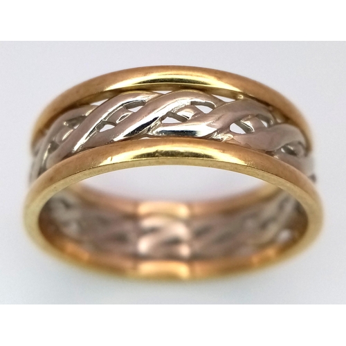 387 - A 9K TWO COLOUR GOLD CELTIC KNOT DESIGN BAND RING 3.9G SIZE R/S. Ref: SC 4020