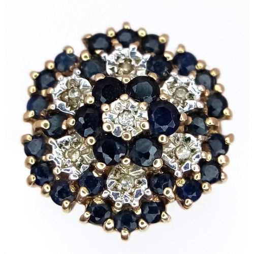 446 - A 9K YELLOW GOLD DIAMOND & SAPPHIRE CLUSTER RING 3.6G SIZE J 1/2. Ref: SC 4002