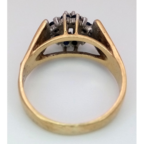 467 - A 9K YELLOW GOLD VINTAGE DIAMOND & SAPPHIRE RING, IN THE FLORAL DESIGN. 4G SIZE N. Ref: SC 4014