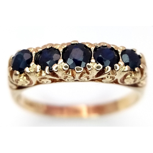 572 - A VINTAGE 9K YELLOW GOLD 5 STONE SAPPHIRE RING 2.2G SIZE N 1/2. Ref: SC 4022