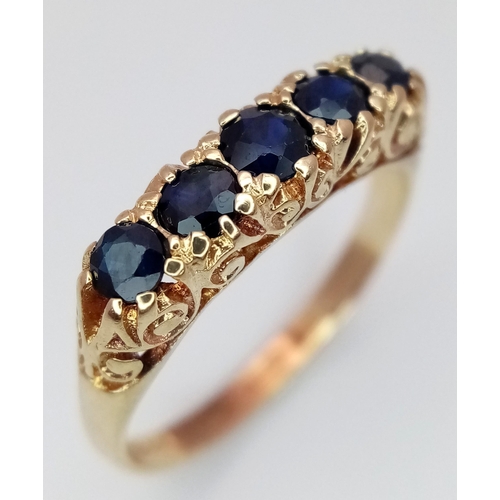 572 - A VINTAGE 9K YELLOW GOLD 5 STONE SAPPHIRE RING 2.2G SIZE N 1/2. Ref: SC 4022