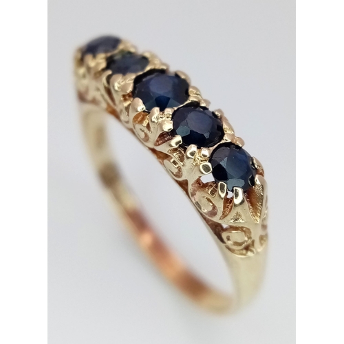 572 - A VINTAGE 9K YELLOW GOLD 5 STONE SAPPHIRE RING 2.2G SIZE N 1/2. Ref: SC 4022