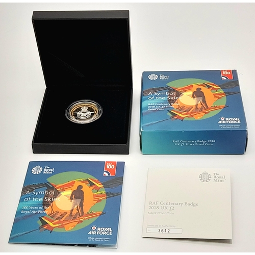 599 - A Mint Condition, Limited Edition, RAF Badge Centenary 2018 Silver Proof with Gold £2 Coin as Issued... 