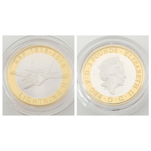 606 - A Mint Condition, Limited Edition, RAF Centenary 2018 ‘F-35 Lightning’ Silver Proof with Gold £2 Coi... 