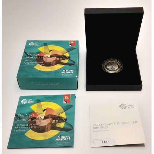 606 - A Mint Condition, Limited Edition, RAF Centenary 2018 ‘F-35 Lightning’ Silver Proof with Gold £2 Coi... 