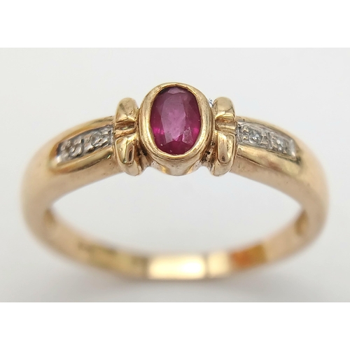 656 - A 9K YELLOW GOLD DIAMOND & RUBY RING 2.2G SIZE O. Ref: SC 4006