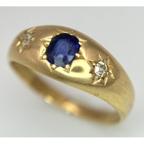 74 - A 18K YELLOW GOLD ANTIQUE DIAMOND & SAPPHIRE RING. TOTAL WEIGHT 4G. SIZE M AND 1/2. HALLMARKED BIRMI... 