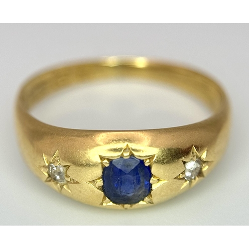 74 - A 18K YELLOW GOLD ANTIQUE DIAMOND & SAPPHIRE RING. TOTAL WEIGHT 4G. SIZE M AND 1/2. HALLMARKED BIRMI... 