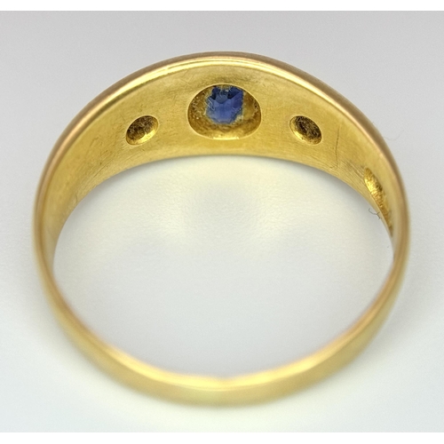 74 - A 18K YELLOW GOLD ANTIQUE DIAMOND & SAPPHIRE RING. TOTAL WEIGHT 4G. SIZE M AND 1/2. HALLMARKED BIRMI... 