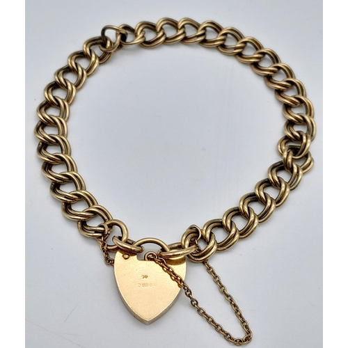 8 - A Vintage 9K Yellow Gold Double Link Bracelet with Heart Clasp. 16cm. 14.4g.