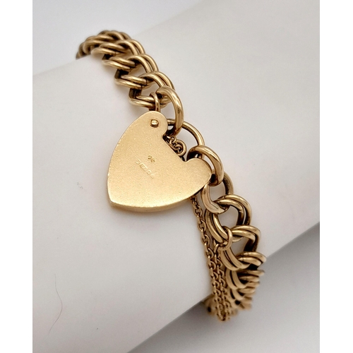 8 - A Vintage 9K Yellow Gold Double Link Bracelet with Heart Clasp. 16cm. 14.4g.