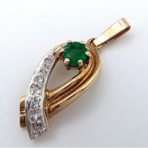 1007 - A 9K YELLOW GOLD DIAMOND & EMERALD DROP PENDANT 1.1G , 25MM X 10MM. Ref: SC 4041