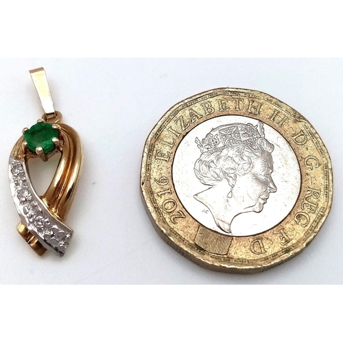 1007 - A 9K YELLOW GOLD DIAMOND & EMERALD DROP PENDANT 1.1G , 25MM X 10MM. Ref: SC 4041