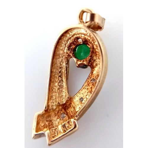 1007 - A 9K YELLOW GOLD DIAMOND & EMERALD DROP PENDANT 1.1G , 25MM X 10MM. Ref: SC 4041