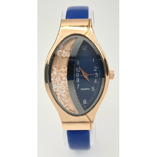 140 - A rose gold plated, very glamorous and unusual ladies watch, case: 48 x 27 mm, dial: half with blue ... 