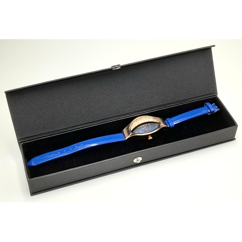 140 - A rose gold plated, very glamorous and unusual ladies watch, case: 48 x 27 mm, dial: half with blue ... 