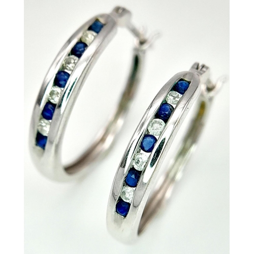 390 - A 9K WHITE GOLD DIAMOND & SAPPHIRE HOOP EARRINGS 3.6G , 2CM DROP. Ref: SC 4008