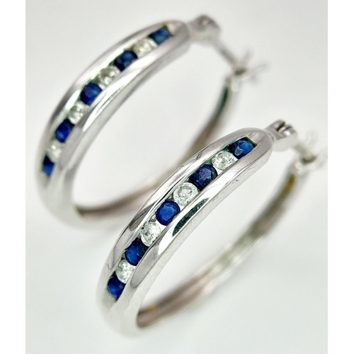 390 - A 9K WHITE GOLD DIAMOND & SAPPHIRE HOOP EARRINGS 3.6G , 2CM DROP. Ref: SC 4008