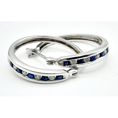 390 - A 9K WHITE GOLD DIAMOND & SAPPHIRE HOOP EARRINGS 3.6G , 2CM DROP. Ref: SC 4008