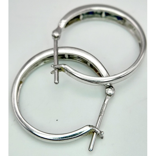 390 - A 9K WHITE GOLD DIAMOND & SAPPHIRE HOOP EARRINGS 3.6G , 2CM DROP. Ref: SC 4008