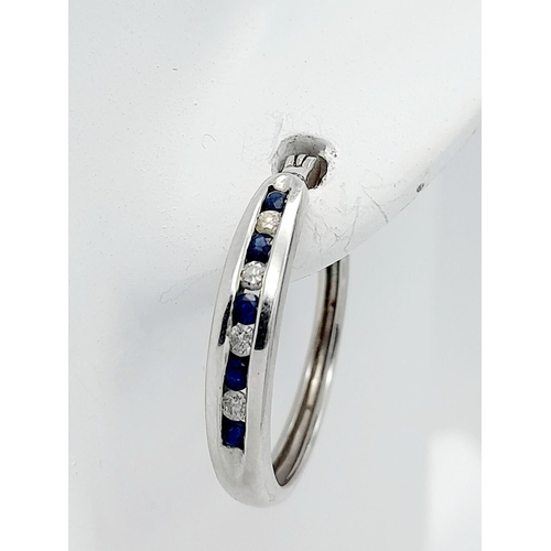 390 - A 9K WHITE GOLD DIAMOND & SAPPHIRE HOOP EARRINGS 3.6G , 2CM DROP. Ref: SC 4008