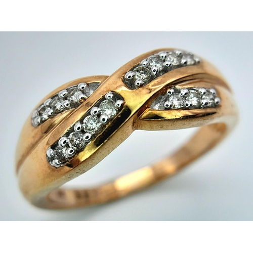 460 - A 9K YELLOW GOLD DIAMOND SET CROSSOVER KISS RING 4.3G SIZE Q. Ref: SC 4013