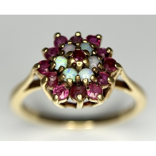 481 - A 9K YELLOW GOLD RUBY & OPAL CLUSTER RING 2.6G SIZE O. Ref: SC 4017