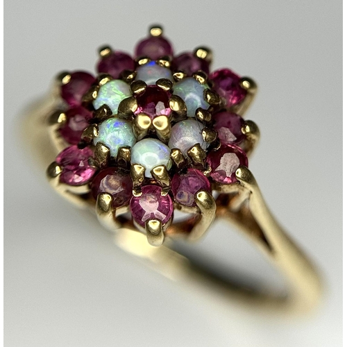 481 - A 9K YELLOW GOLD RUBY & OPAL CLUSTER RING 2.6G SIZE O. Ref: SC 4017