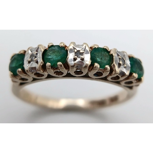 579 - A 9K YELLOW GOLD DIAMOND & EMERALD RING 2.4G SIZE M 1/2. Ref: SC 4026