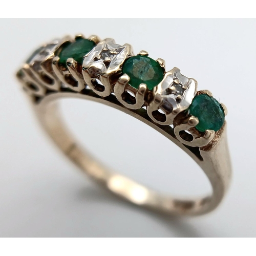 579 - A 9K YELLOW GOLD DIAMOND & EMERALD RING 2.4G SIZE M 1/2. Ref: SC 4026