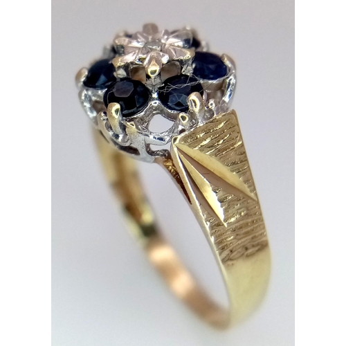 691 - A 9K YELLOW GOLD VINTAGE DIAMOND & SAPPHIRE RING, IN THE FLORAL DESIGN. 2.3G SIZE O. Ref: SC 4030