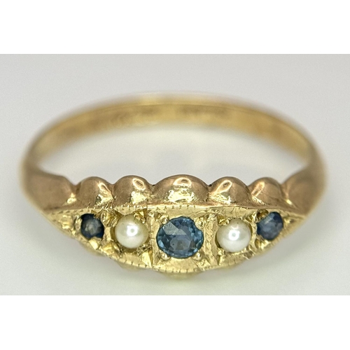 741 - A 9K YELLOW GOLD VINTAGE/ANTIQUE SAPPHIRE & PEARL RING 1.4G SIZE M. THE RING WAS RE HALLMARKED IN 19... 