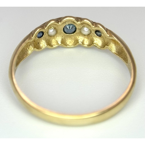 741 - A 9K YELLOW GOLD VINTAGE/ANTIQUE SAPPHIRE & PEARL RING 1.4G SIZE M. THE RING WAS RE HALLMARKED IN 19... 