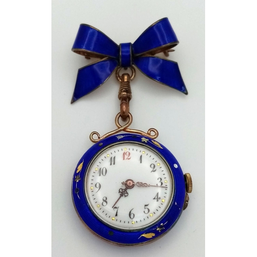 842 - An Antique Blue Enamel and Silver Brooch Pocket Watch. Hand-wind. White dial. 27mm diameter. Bow dec... 