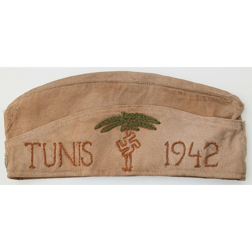 141 - WW2 German Hand Embroidered Africa Corps Tunisian Campaign Overseas Side Cap. Locally done.