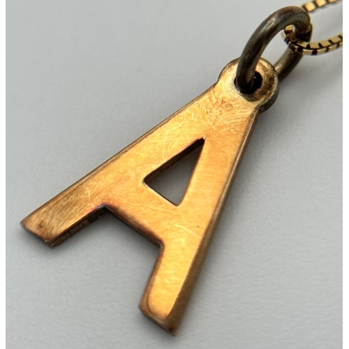 549 - A 9K Gold Letter 'A' Pendant on a 9K Gold Disappearing Necklace. 15mm and 40cm. 1.35g total weight.