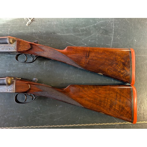 2 - A very rare pair of side by side 12 bore shotguns  - by Harrods. Serial numbers 2004 and 2005. Barre... 