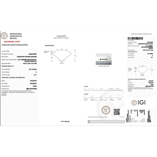 1123 - 2.01CT RADIANT SHAPED LAB-GROWN DIAMOND, COLOUR D, CLARITY VS1. COMES WITH IGI CERTIFICATE. MEASUREM... 