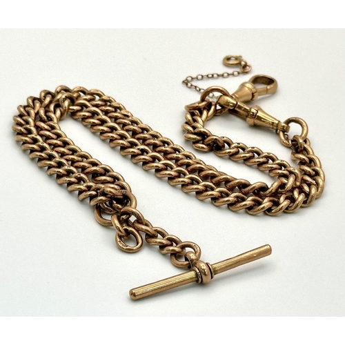 15 - A Classic Antique 9K Rose Gold Albert Chain with T Bar. 44cm. 60.9g weight.