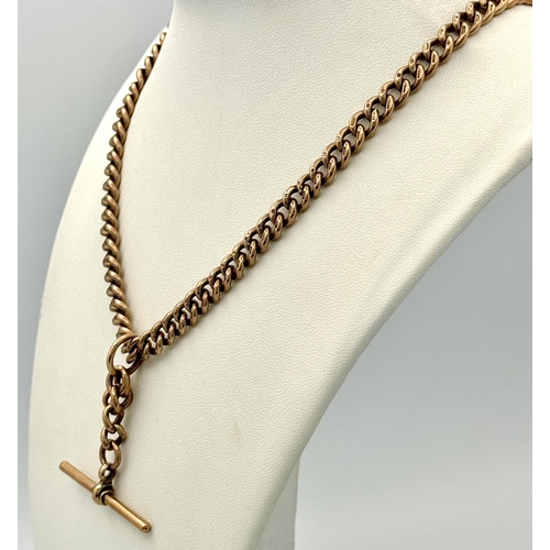 15 - A Classic Antique 9K Rose Gold Albert Chain with T Bar. 44cm. 60.9g weight.