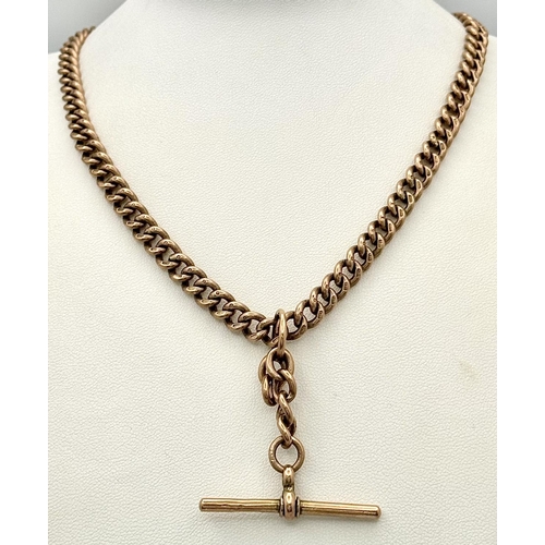 15 - A Classic Antique 9K Rose Gold Albert Chain with T Bar. 44cm. 60.9g weight.